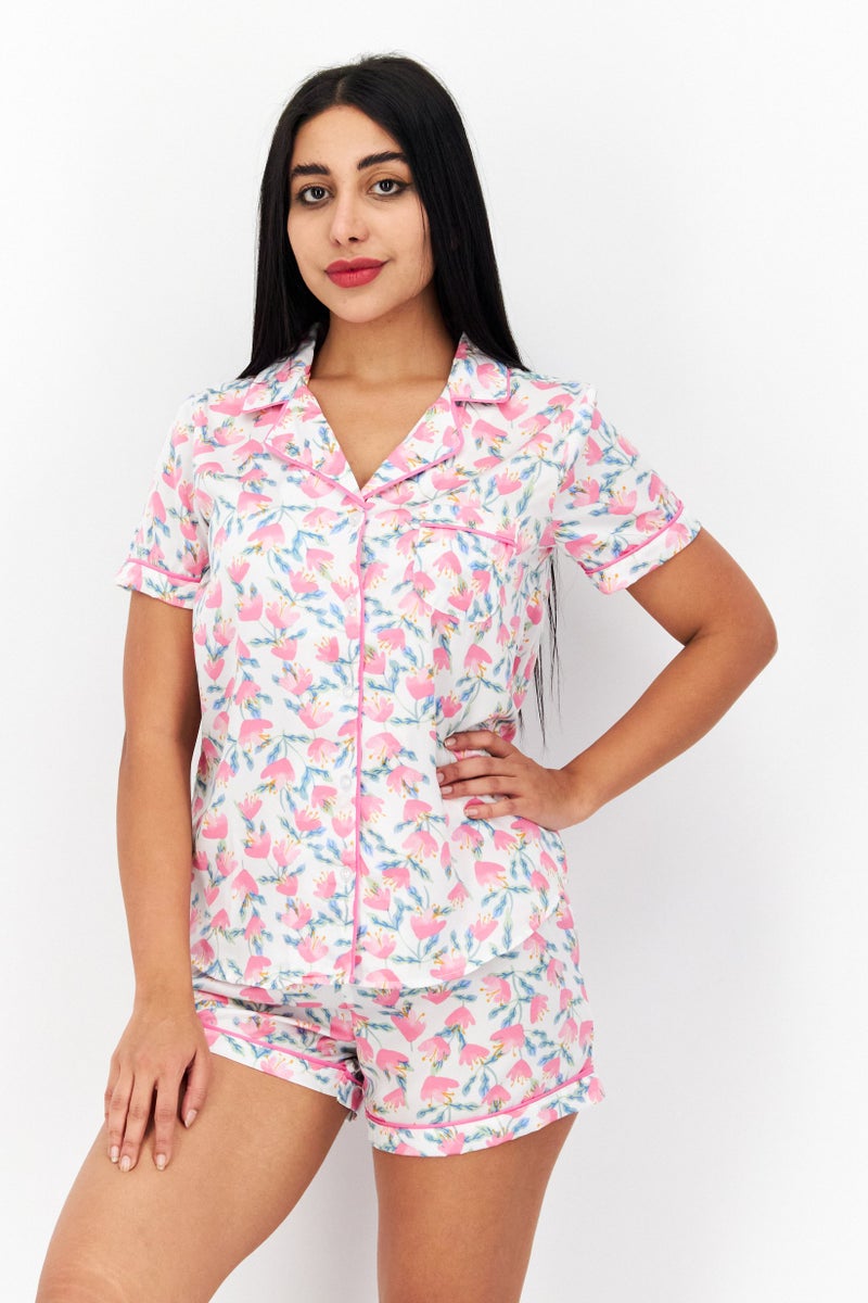 Kensie Women 2 Pcs Floral Print Top And Bottom Sleepwear Set, Pink Combo - Image 1